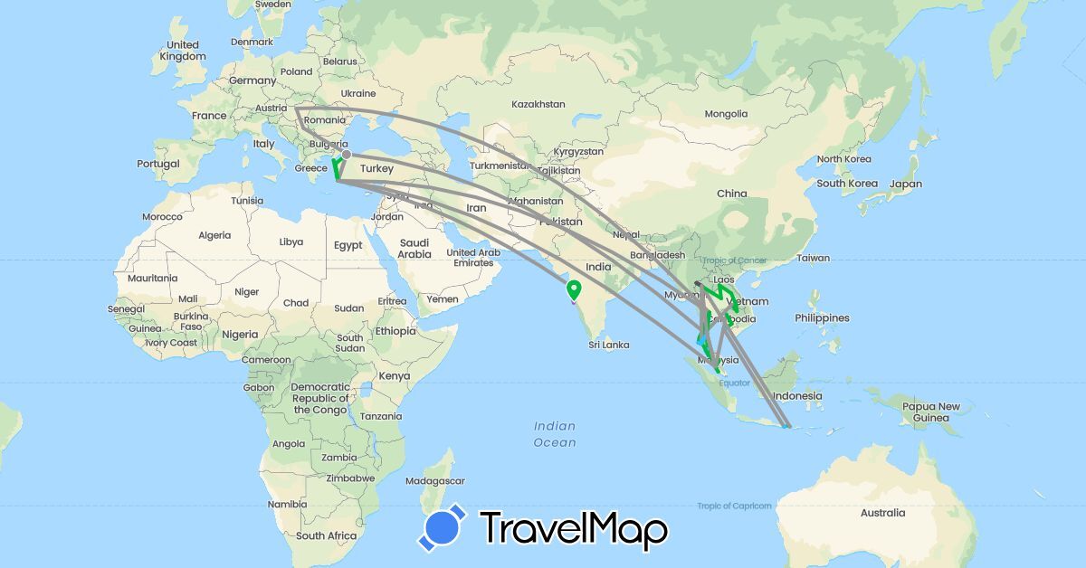 TravelMap itinerary: driving, bus, plane, train, boat, motorbike in Hungary, Indonesia, India, Cambodia, Laos, Malaysia, Serbia, Thailand, Turkey (Asia, Europe)